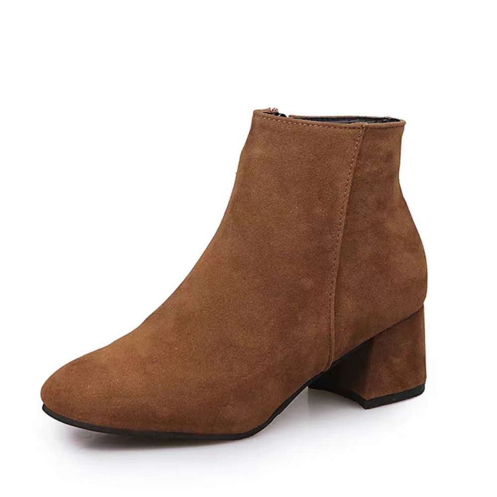 Faux Brown Suede Block Heeled Ankle Boots with Side Zipper - Picture 3 of 3